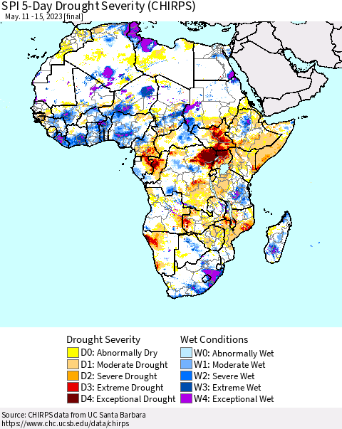 Africa SPI 5-Day Drought Severity (CHIRPS) Thematic Map For 5/11/2023 - 5/15/2023