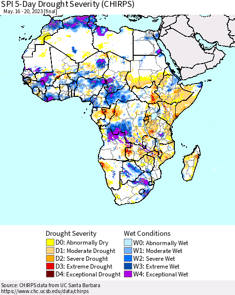 Africa SPI 5-Day Drought Severity (CHIRPS) Thematic Map For 5/16/2023 - 5/20/2023