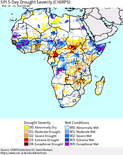 Africa SPI 5-Day Drought Severity (CHIRPS) Thematic Map For 5/21/2023 - 5/25/2023