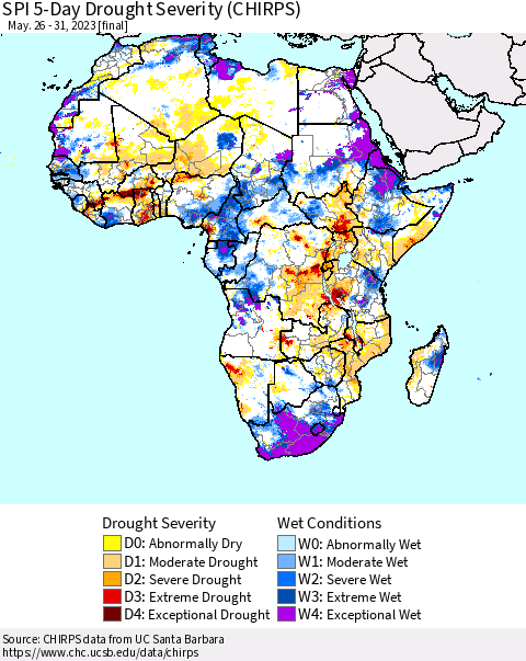 Africa SPI 5-Day Drought Severity (CHIRPS) Thematic Map For 5/26/2023 - 5/31/2023