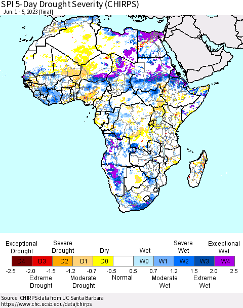 Africa SPI 5-Day Drought Severity (CHIRPS) Thematic Map For 6/1/2023 - 6/5/2023