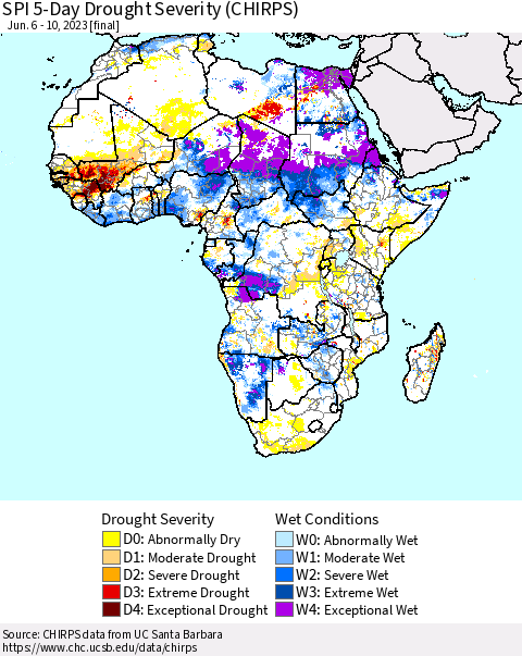 Africa SPI 5-Day Drought Severity (CHIRPS) Thematic Map For 6/6/2023 - 6/10/2023