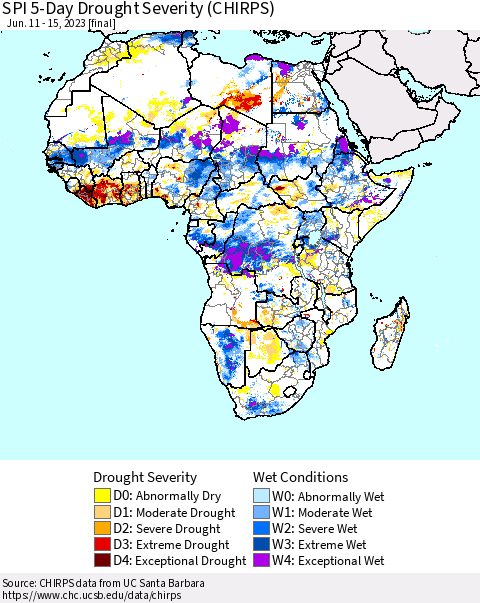 Africa SPI 5-Day Drought Severity (CHIRPS) Thematic Map For 6/11/2023 - 6/15/2023