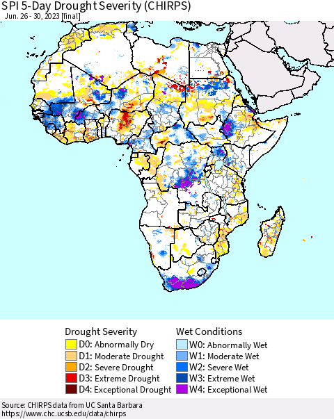 Africa SPI 5-Day Drought Severity (CHIRPS) Thematic Map For 6/26/2023 - 6/30/2023