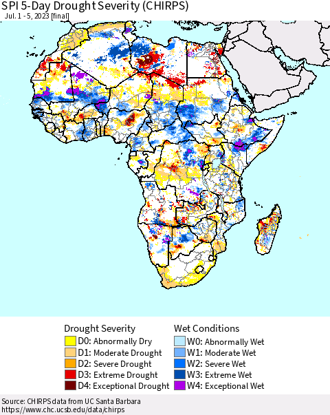 Africa SPI 5-Day Drought Severity (CHIRPS) Thematic Map For 7/1/2023 - 7/5/2023