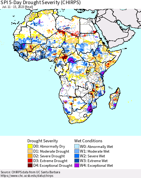 Africa SPI 5-Day Drought Severity (CHIRPS) Thematic Map For 7/11/2023 - 7/15/2023