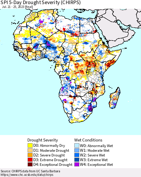 Africa SPI 5-Day Drought Severity (CHIRPS) Thematic Map For 7/21/2023 - 7/25/2023
