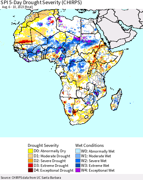 Africa SPI 5-Day Drought Severity (CHIRPS) Thematic Map For 8/6/2023 - 8/10/2023