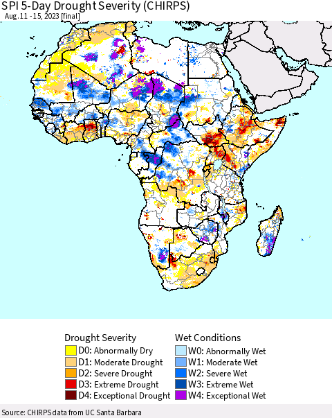 Africa SPI 5-Day Drought Severity (CHIRPS) Thematic Map For 8/11/2023 - 8/15/2023