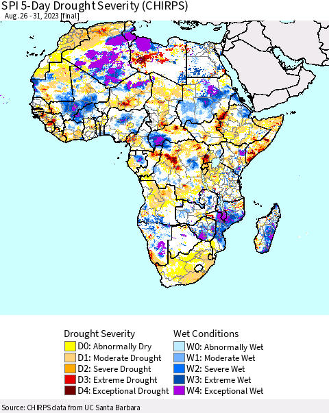 Africa SPI 5-Day Drought Severity (CHIRPS) Thematic Map For 8/26/2023 - 8/31/2023