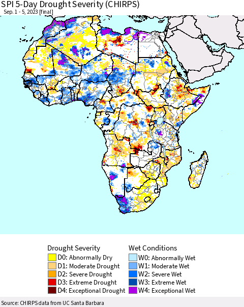 Africa SPI 5-Day Drought Severity (CHIRPS) Thematic Map For 9/1/2023 - 9/5/2023