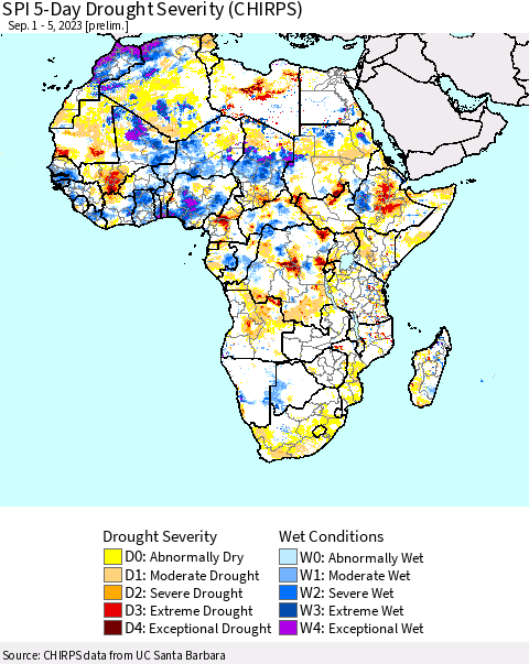 Africa SPI 5-Day Drought Severity (CHIRPS) Thematic Map For 9/1/2023 - 9/5/2023