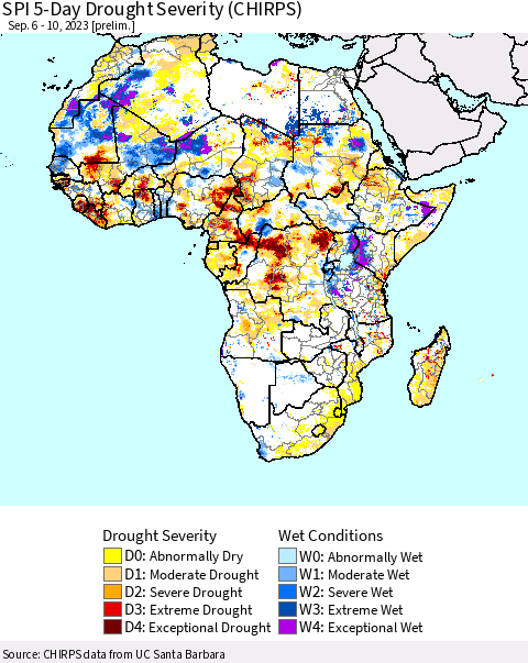 Africa SPI 5-Day Drought Severity (CHIRPS) Thematic Map For 9/6/2023 - 9/10/2023