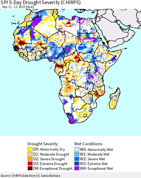 Africa SPI 5-Day Drought Severity (CHIRPS) Thematic Map For 9/11/2023 - 9/15/2023