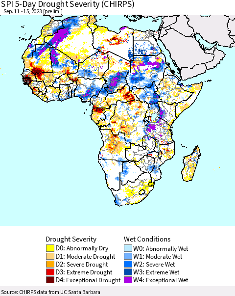 Africa SPI 5-Day Drought Severity (CHIRPS) Thematic Map For 9/11/2023 - 9/15/2023