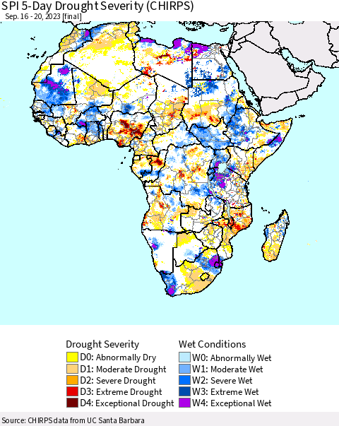 Africa SPI 5-Day Drought Severity (CHIRPS) Thematic Map For 9/16/2023 - 9/20/2023