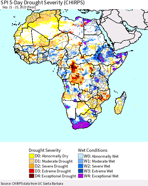 Africa SPI 5-Day Drought Severity (CHIRPS) Thematic Map For 9/21/2023 - 9/25/2023