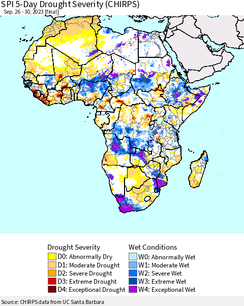 Africa SPI 5-Day Drought Severity (CHIRPS) Thematic Map For 9/26/2023 - 9/30/2023