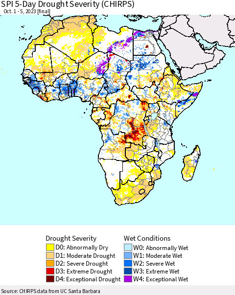 Africa SPI 5-Day Drought Severity (CHIRPS) Thematic Map For 10/1/2023 - 10/5/2023