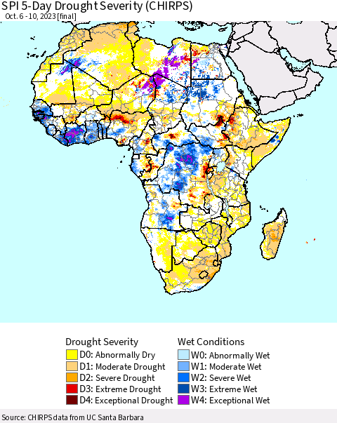 Africa SPI 5-Day Drought Severity (CHIRPS) Thematic Map For 10/6/2023 - 10/10/2023
