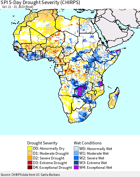 Africa SPI 5-Day Drought Severity (CHIRPS) Thematic Map For 10/11/2023 - 10/15/2023