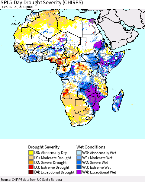 Africa SPI 5-Day Drought Severity (CHIRPS) Thematic Map For 10/16/2023 - 10/20/2023