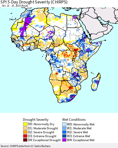 Africa SPI 5-Day Drought Severity (CHIRPS) Thematic Map For 10/21/2023 - 10/25/2023