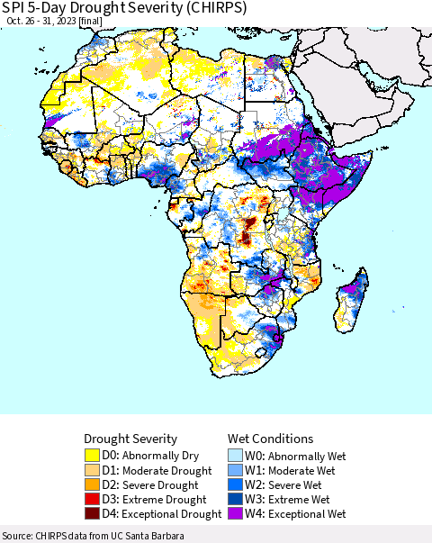 Africa SPI 5-Day Drought Severity (CHIRPS) Thematic Map For 10/26/2023 - 10/31/2023