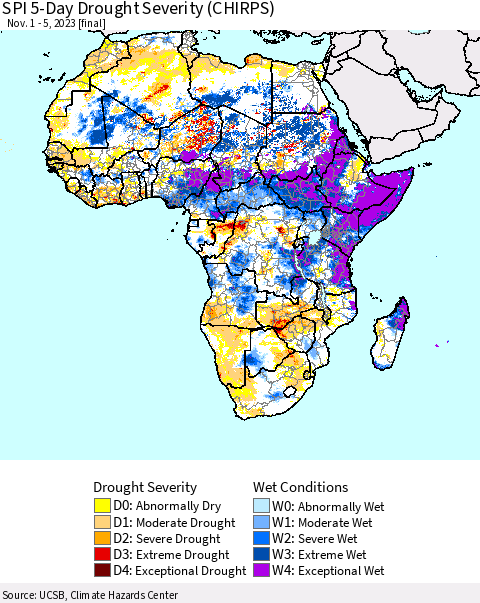 Africa SPI 5-Day Drought Severity (CHIRPS) Thematic Map For 11/1/2023 - 11/5/2023