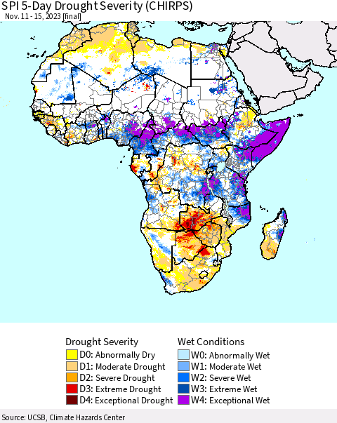 Africa SPI 5-Day Drought Severity (CHIRPS) Thematic Map For 11/11/2023 - 11/15/2023