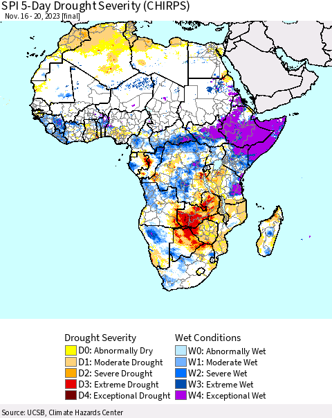 Africa SPI 5-Day Drought Severity (CHIRPS) Thematic Map For 11/16/2023 - 11/20/2023