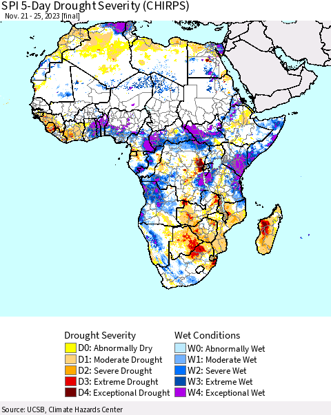 Africa SPI 5-Day Drought Severity (CHIRPS) Thematic Map For 11/21/2023 - 11/25/2023