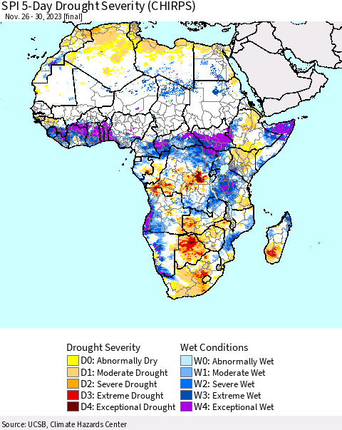 Africa SPI 5-Day Drought Severity (CHIRPS) Thematic Map For 11/26/2023 - 11/30/2023