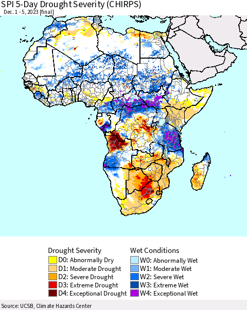Africa SPI 5-Day Drought Severity (CHIRPS) Thematic Map For 12/1/2023 - 12/5/2023