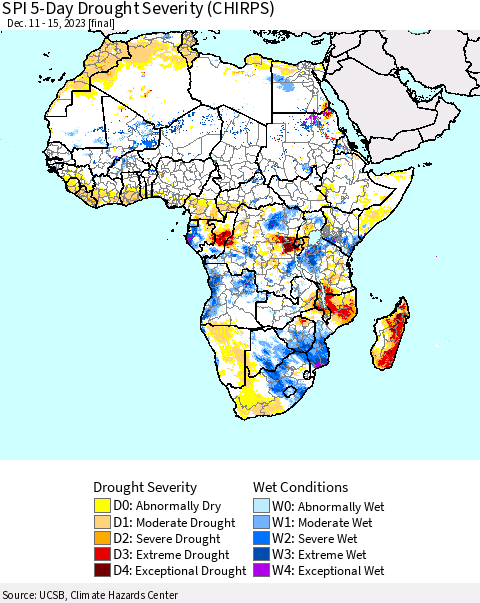 Africa SPI 5-Day Drought Severity (CHIRPS) Thematic Map For 12/11/2023 - 12/15/2023
