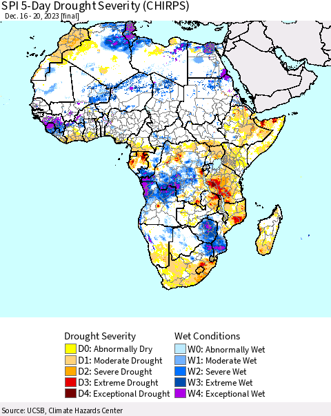Africa SPI 5-Day Drought Severity (CHIRPS) Thematic Map For 12/16/2023 - 12/20/2023