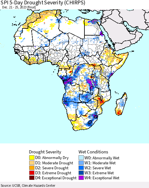 Africa SPI 5-Day Drought Severity (CHIRPS) Thematic Map For 12/21/2023 - 12/25/2023