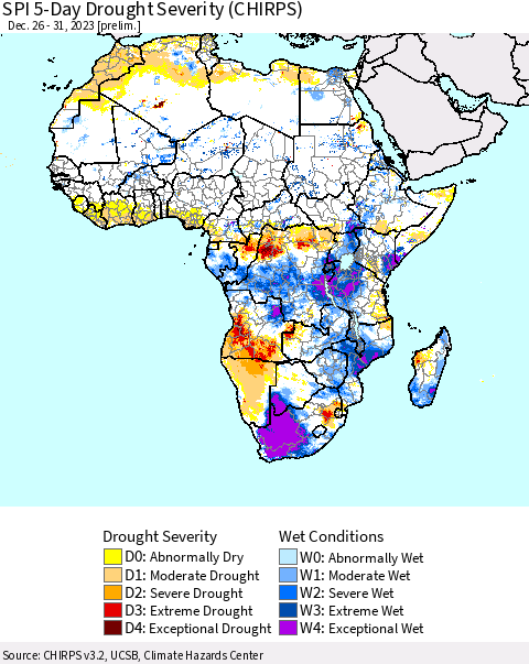 Africa SPI 5-Day Drought Severity (CHIRPS) Thematic Map For 12/26/2023 - 12/31/2023