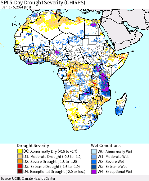 Africa SPI 5-Day Drought Severity (CHIRPS) Thematic Map For 1/1/2024 - 1/5/2024