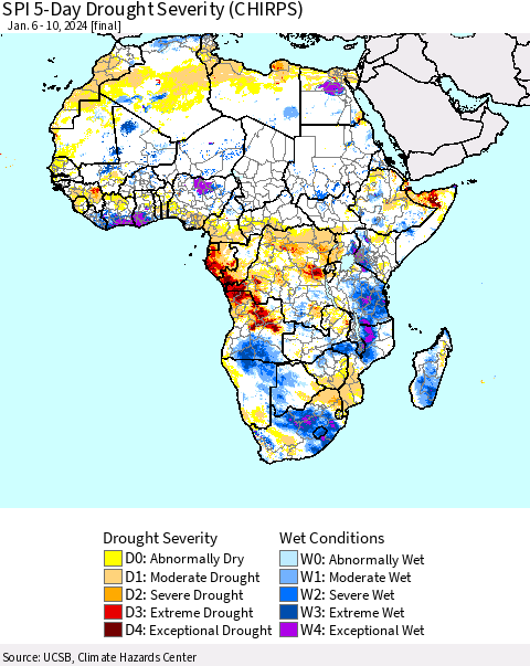 Africa SPI 5-Day Drought Severity (CHIRPS) Thematic Map For 1/6/2024 - 1/10/2024