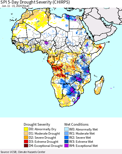 Africa SPI 5-Day Drought Severity (CHIRPS) Thematic Map For 1/11/2024 - 1/15/2024
