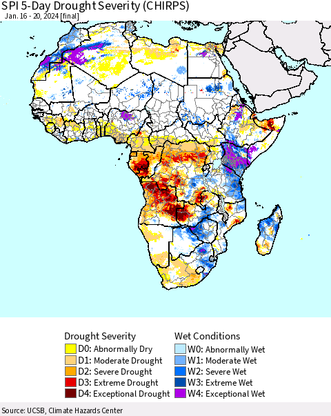 Africa SPI 5-Day Drought Severity (CHIRPS) Thematic Map For 1/16/2024 - 1/20/2024