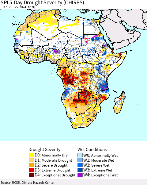 Africa SPI 5-Day Drought Severity (CHIRPS) Thematic Map For 1/21/2024 - 1/25/2024
