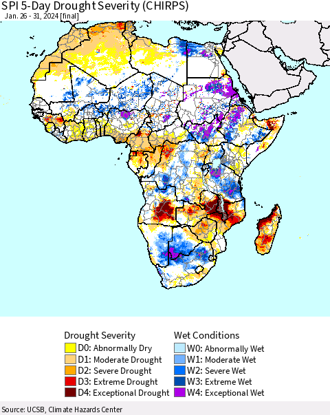 Africa SPI 5-Day Drought Severity (CHIRPS) Thematic Map For 1/26/2024 - 1/31/2024