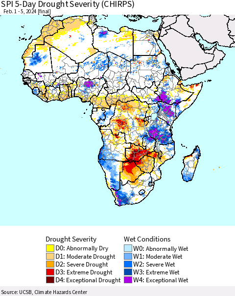 Africa SPI 5-Day Drought Severity (CHIRPS) Thematic Map For 2/1/2024 - 2/5/2024