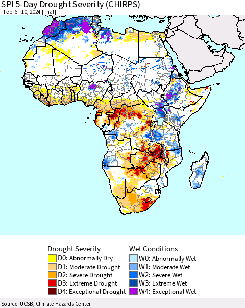 Africa SPI 5-Day Drought Severity (CHIRPS) Thematic Map For 2/6/2024 - 2/10/2024