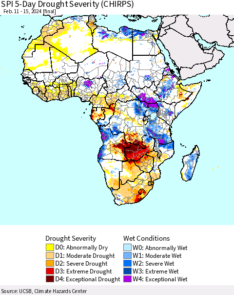 Africa SPI 5-Day Drought Severity (CHIRPS) Thematic Map For 2/11/2024 - 2/15/2024