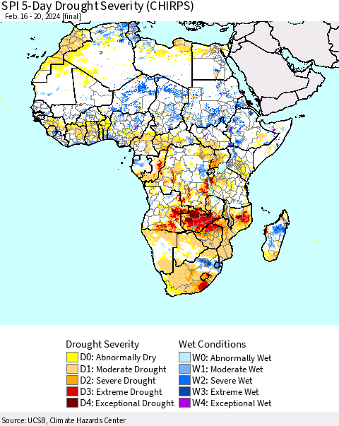 Africa SPI 5-Day Drought Severity (CHIRPS) Thematic Map For 2/16/2024 - 2/20/2024
