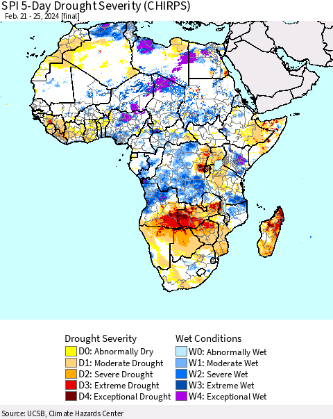 Africa SPI 5-Day Drought Severity (CHIRPS) Thematic Map For 2/21/2024 - 2/25/2024