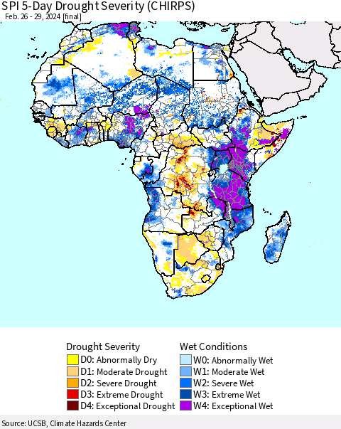 Africa SPI 5-Day Drought Severity (CHIRPS) Thematic Map For 2/26/2024 - 2/29/2024